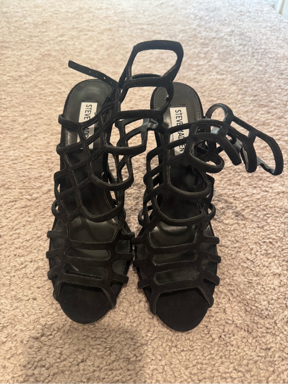 Steve Madden SLITHUR Black Suede Cage Heels Sandals Size 7.5